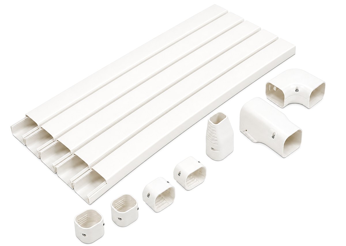 Mini-split line set cover kit — PVC raceway channel, elbows, and fittings