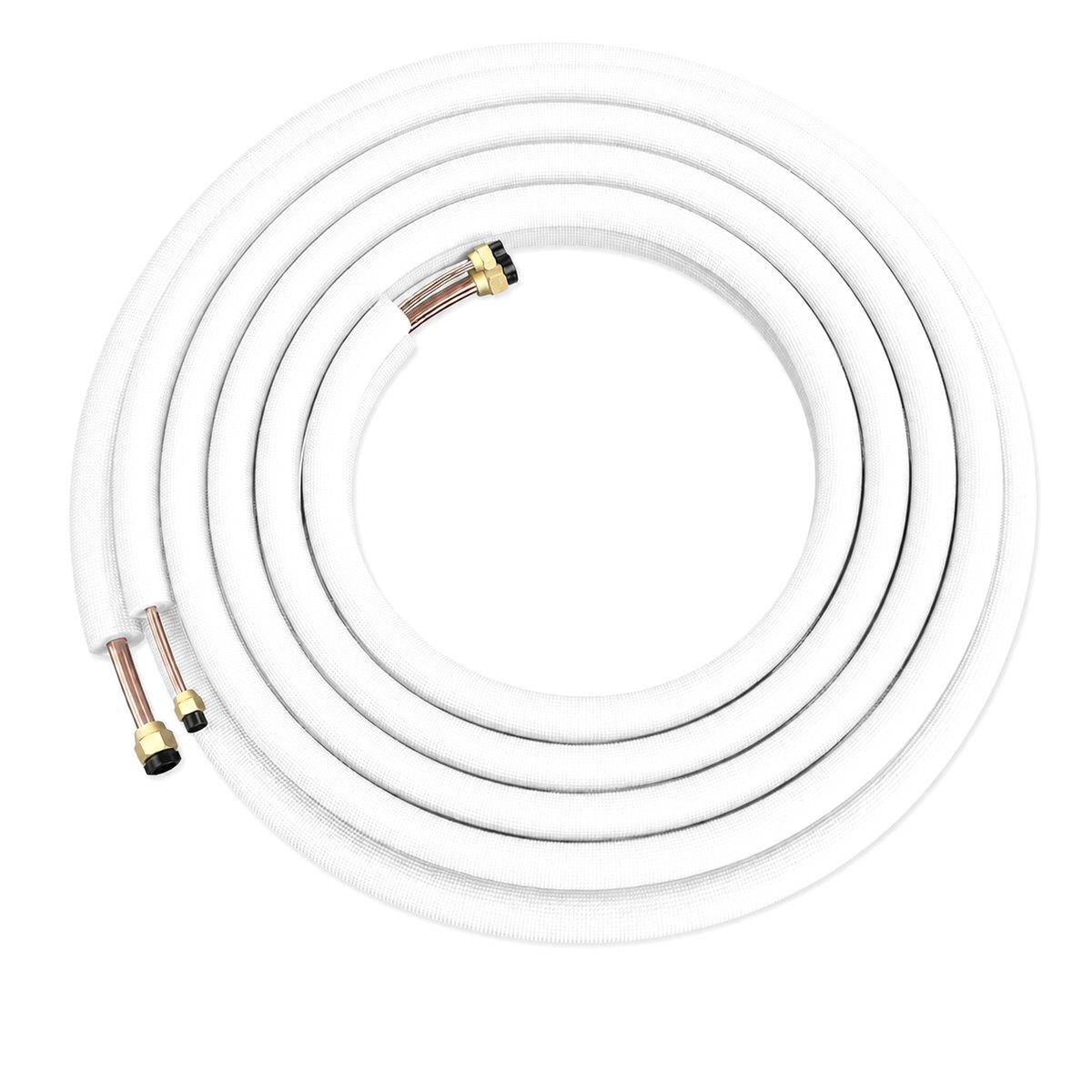 Coiled insulated mini-split copper line set with flared ends and brass flare nuts